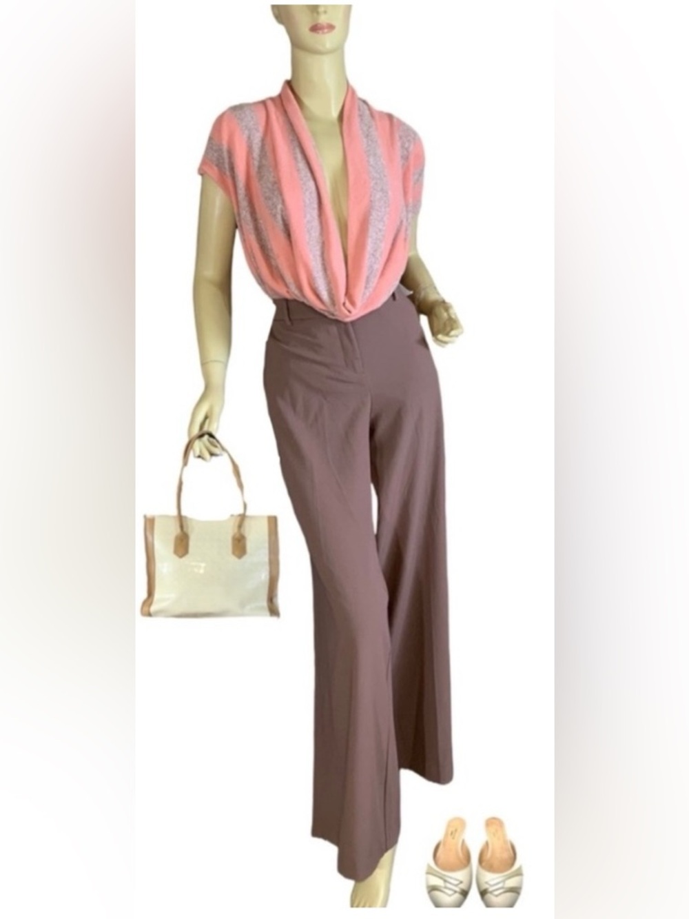 GUSB CORAL AND BROWN STRIPED COWL NECK SHORT SLEEVE KNIT TOP (1X)